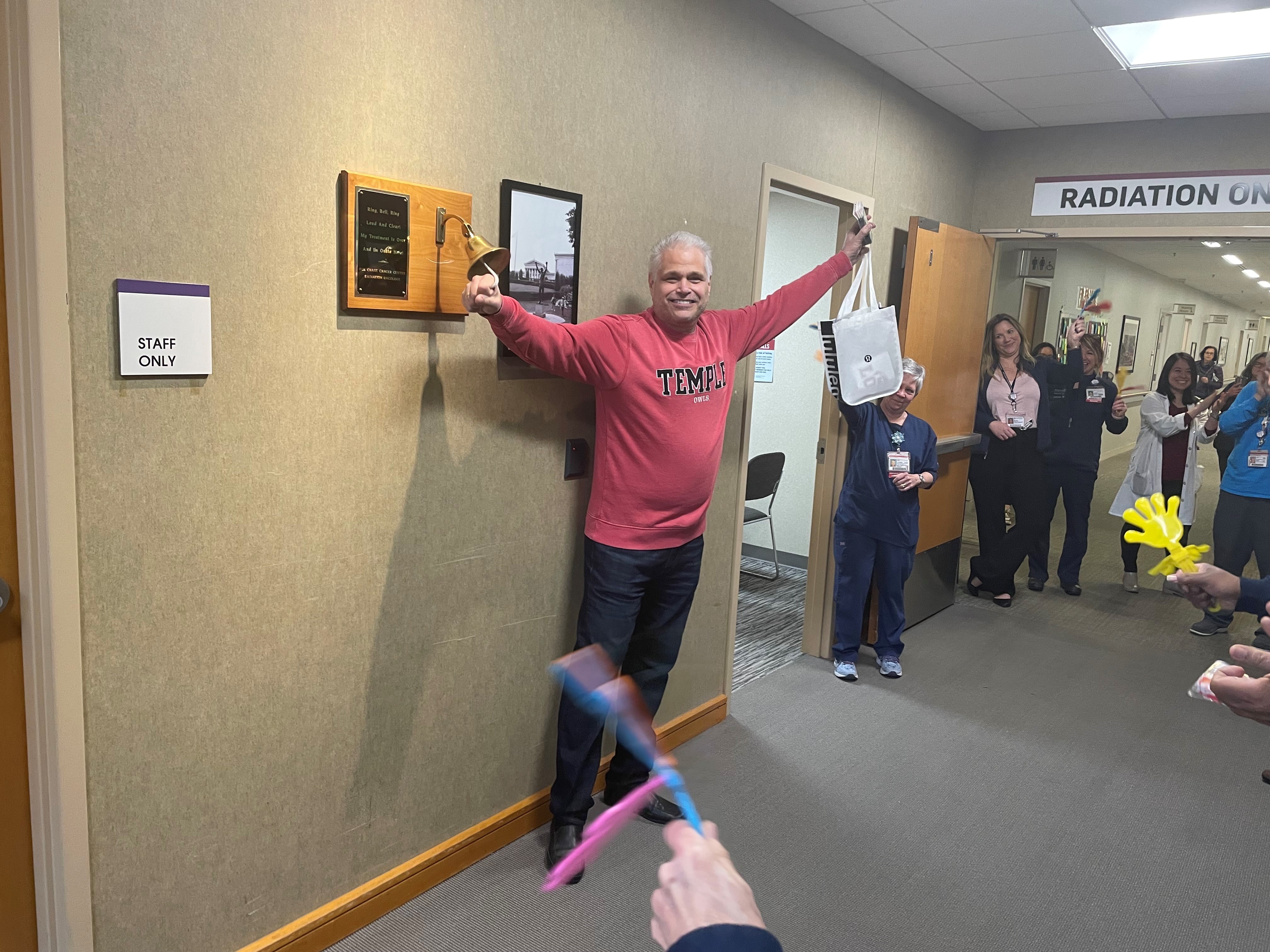 Valentino Cardillo ringing the bell after his last radiation treatment. 